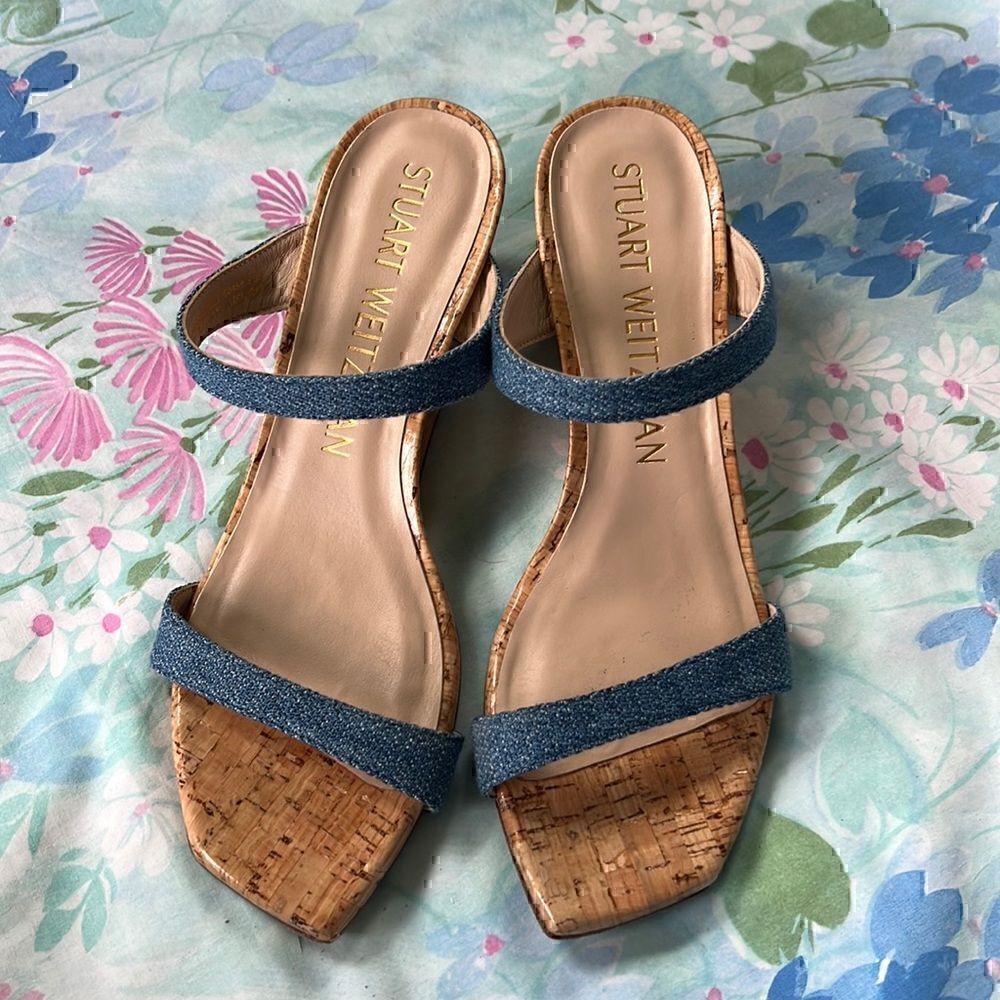 Stuart Weitzman Denim Strap Square Toe Sandals Wedge